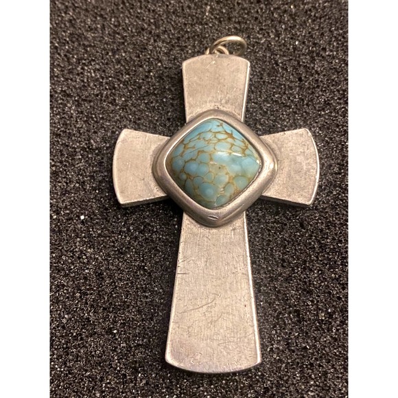 Vintage jorgen Jensen Cross Pendant Denmark Pewter Cross w/Turquoise stone - Picture 1 of 8